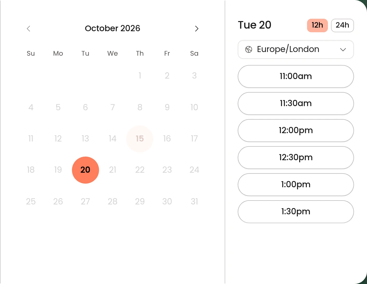 Remedy's booking page: a calendar for October 2026 with Tuesday 20 selected, and the free call times that day in Europe/London time, from 11:00am to 1:30pm.